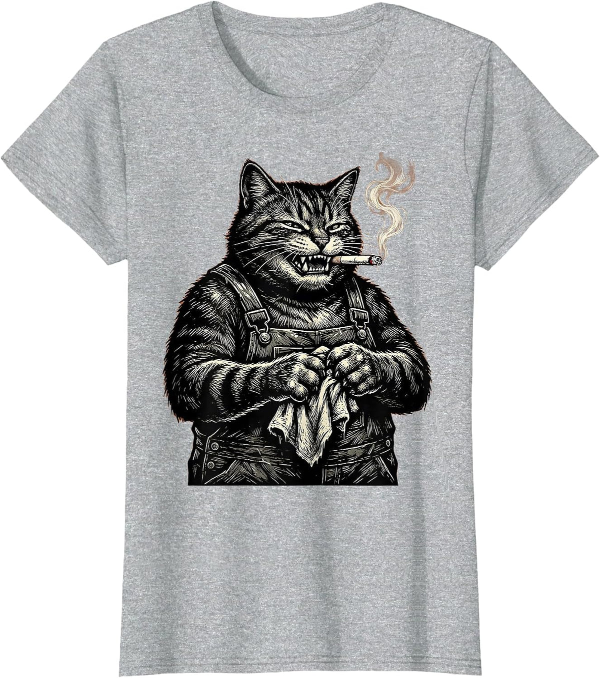 Women's Cat Mechanic With Cigarette Graphic Design T-Shirt - Heather Grey