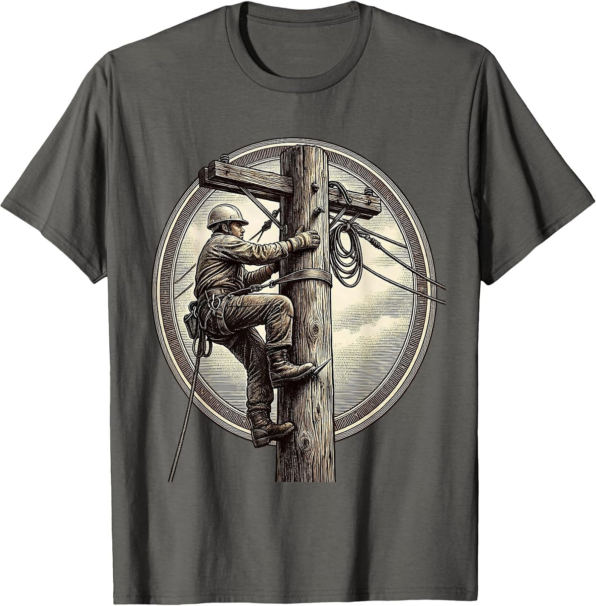 Electrician Climbing Utility Pole Graphic Tee T-Shirt - Asphalt Grey
