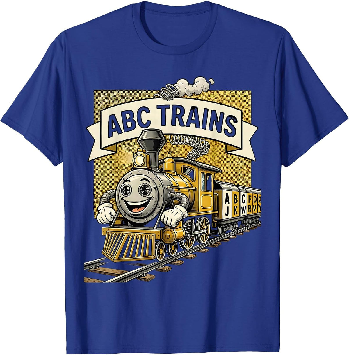 Men's ABC Trains Retro Cartoon Alphabet A-Z Kids Learning Letters T-Shirt - Royal Blue