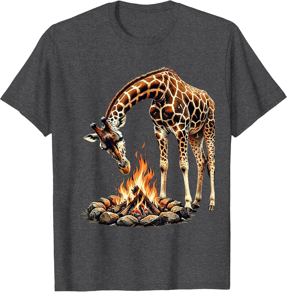 Giraffe Peering Into Campfire Night Scene T-Shirt - Dark Heather Grey