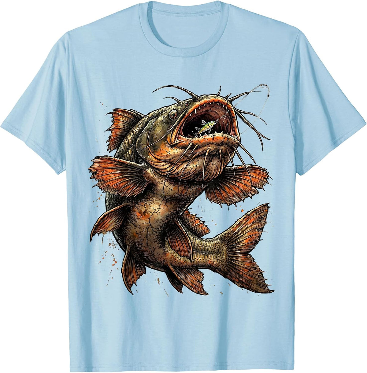 Men's Catfish Swallowing Lure Fishing Graphic T-Shirt - Baby Blue