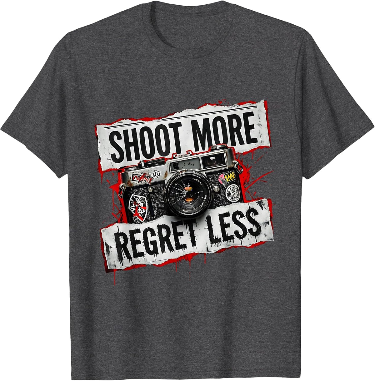 Shoot More Regret Less Photography Design T-Shirt - Dark Heather Grey