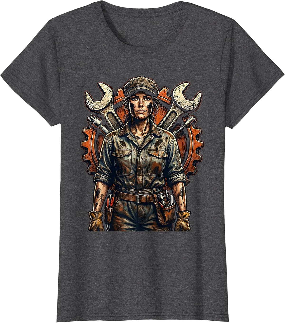 Women's Grease Monkey Mechanic Graphic Design T-Shirt - Dark Heather Grey