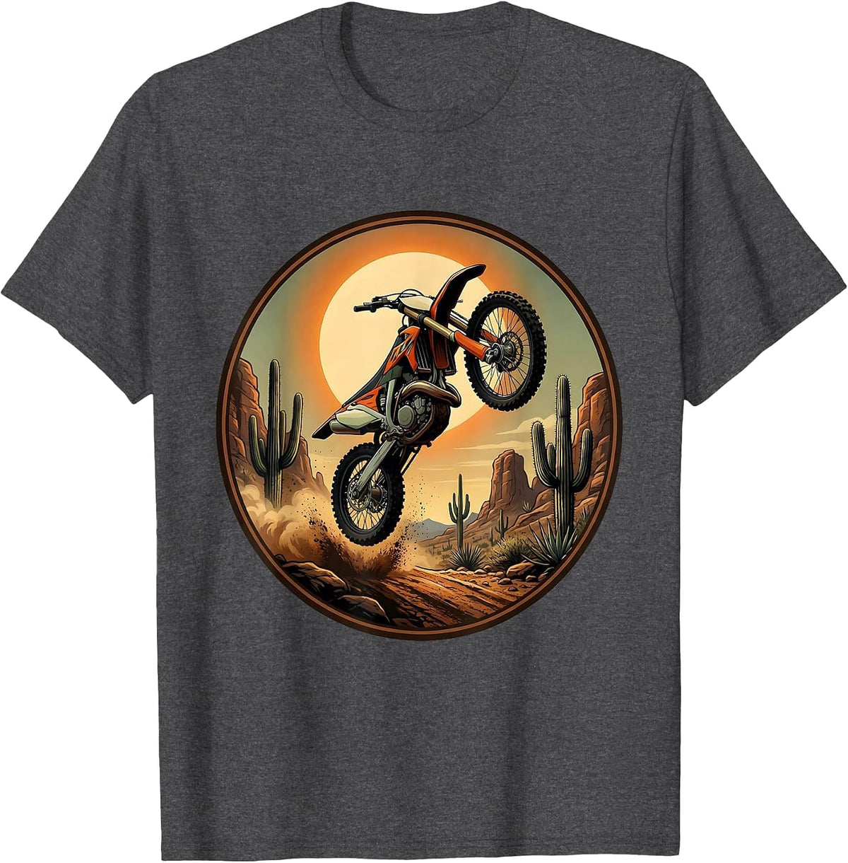 Dirt Bike Mid-Jump Over Desert Cacti Graphic T-Shirt - Dark Heather Grey