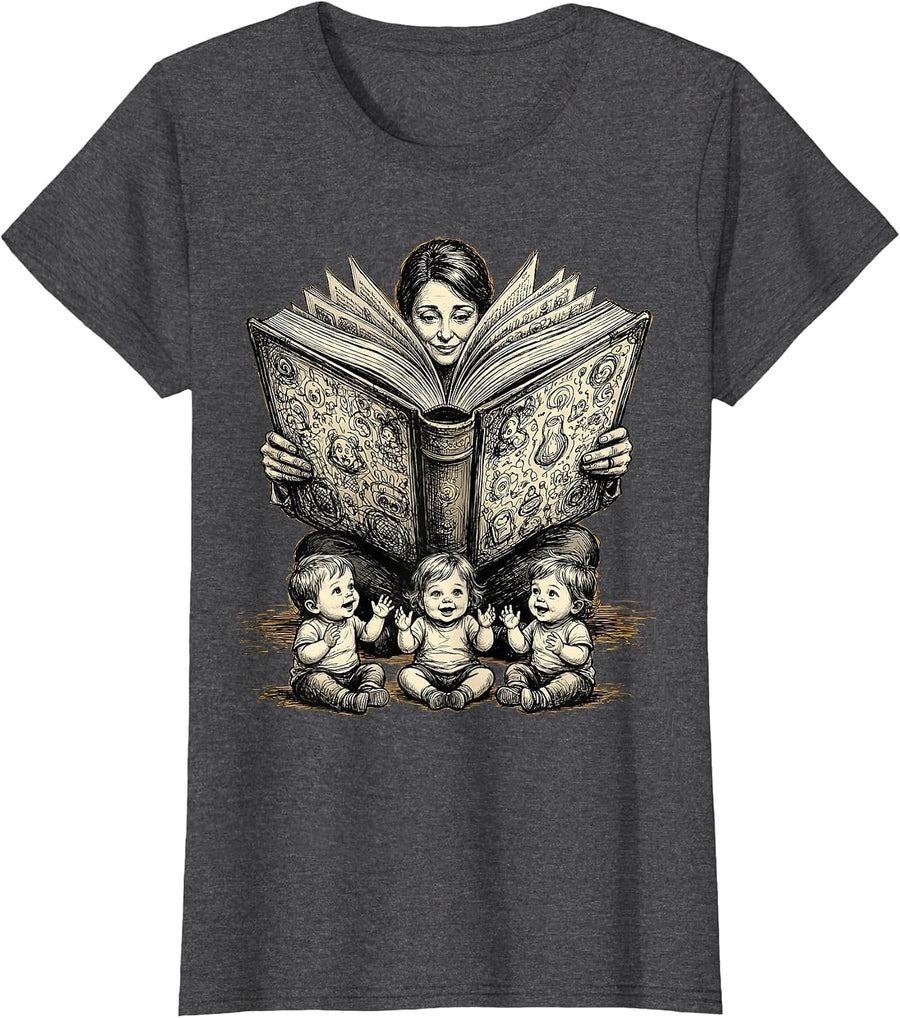 Women's Preschool Teacher Reading Giant Book To Toddlers T-Shirt - Dark Heather Grey