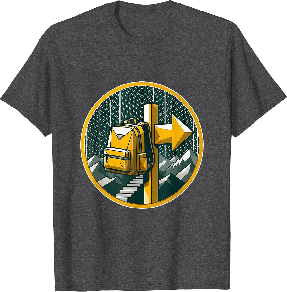 Hiking Backpack Trail Signpost Illustration T-Shirt - Dark Heather Grey