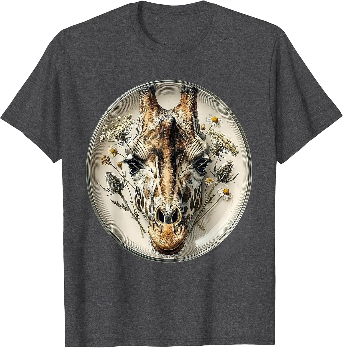 Men's Giraffe Skull Wildflowers Gothic Nature Art T-Shirt - Dark Heather Grey