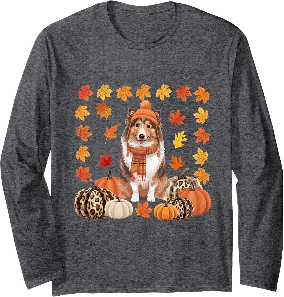 Sheltie Shetland Sheepdog Pumpkins Fall Leaves Halloween Long Sleeve T-Shirt - Adult Unisex Dark Heather Grey