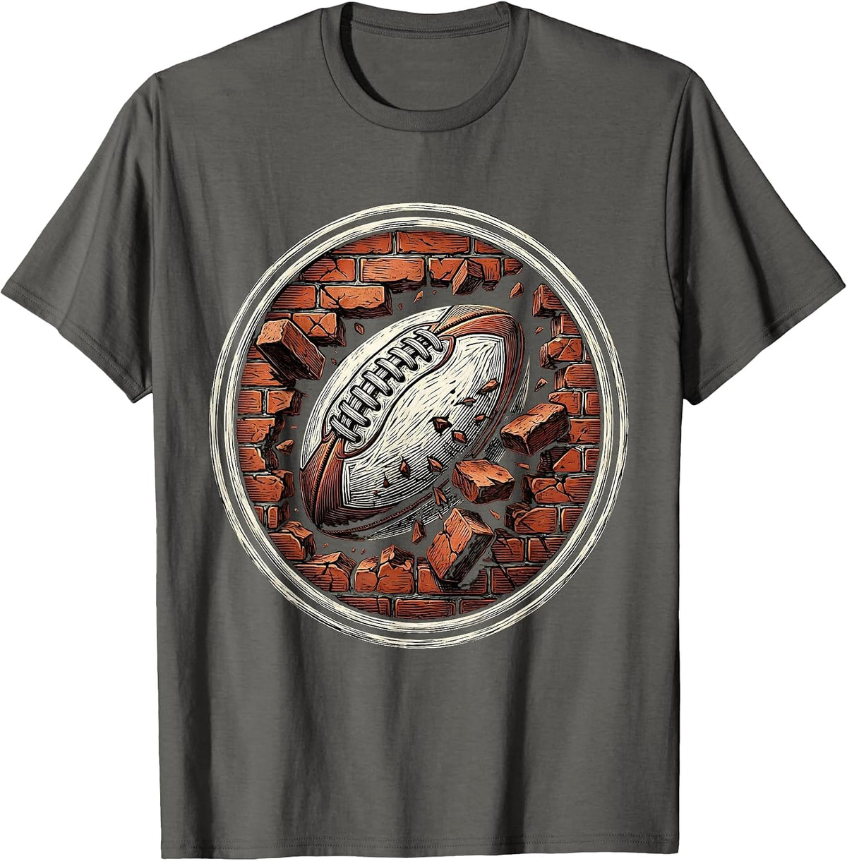 Rugby Ball Smashing Through Brick Wall Graphic T-Shirt - Asphalt Grey