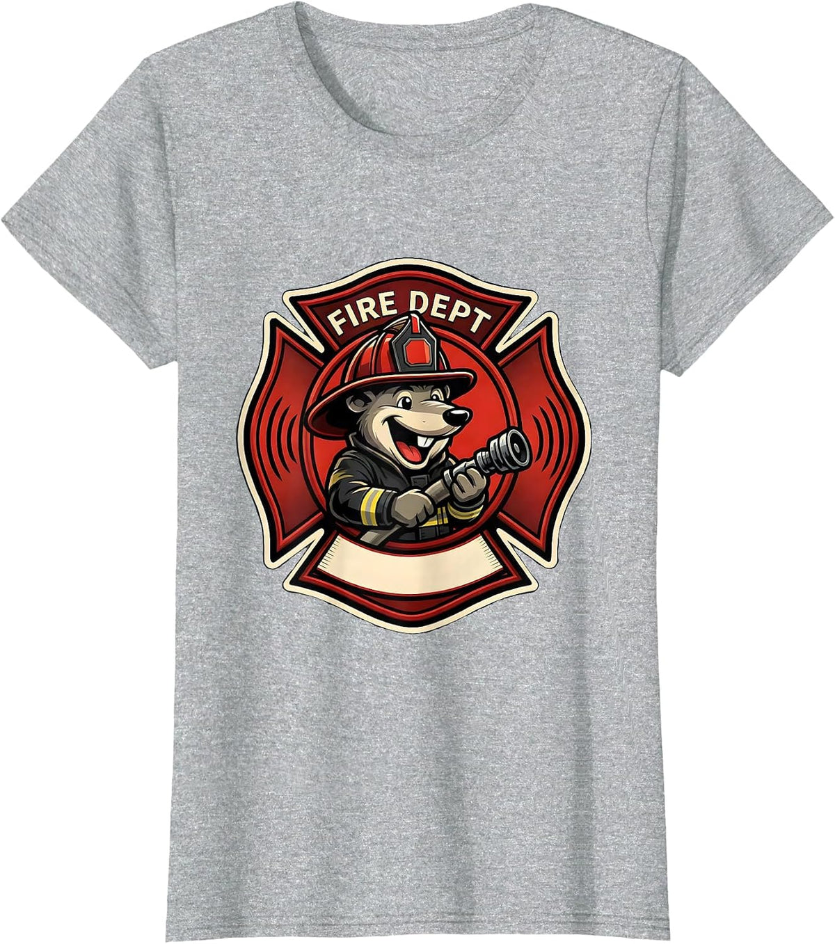 Women's Fire Dept Cheerful Mole Firefighter Mascot Logo Humor T-Shirt - Heather Grey
