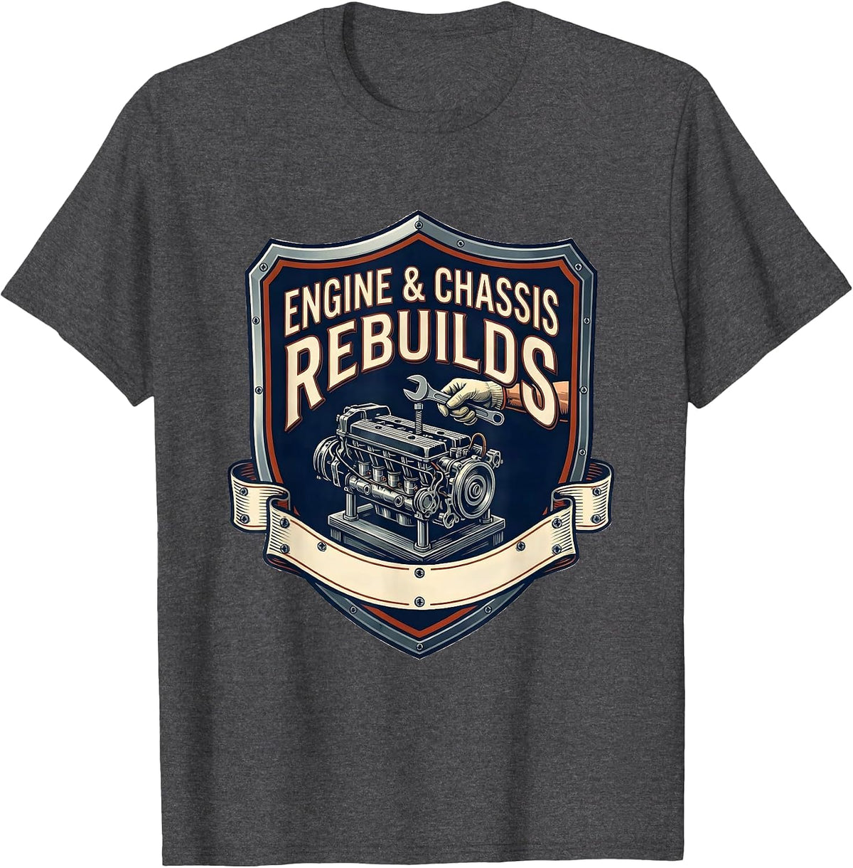 Men's Engine & Chassis Rebuilds Classic Hot Rod Enthusiast Garage T-Shirt - Dark Heather Grey