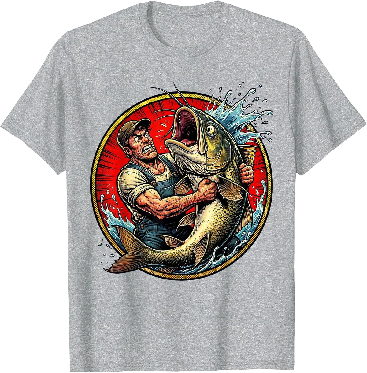 Men's Catfish Wrestling Funny Fishing Graphic T-Shirt - Heather Grey