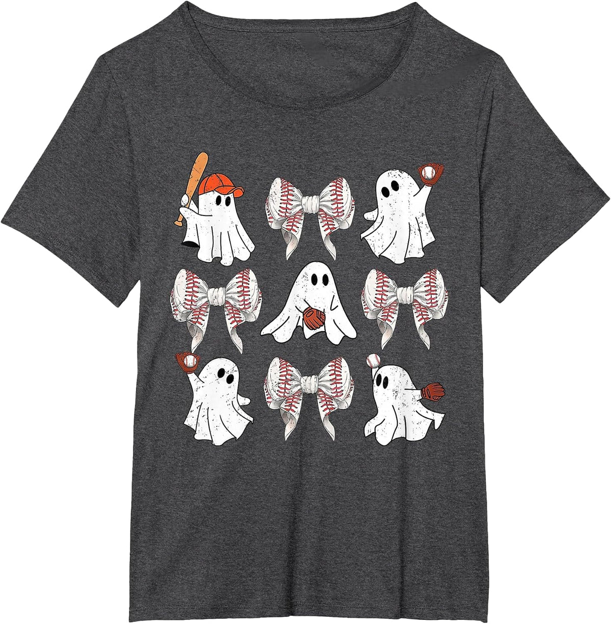 Baseball Player Halloween Bow Coquette Ghost Halloween Tee T-Shirt - Dark Heather Grey