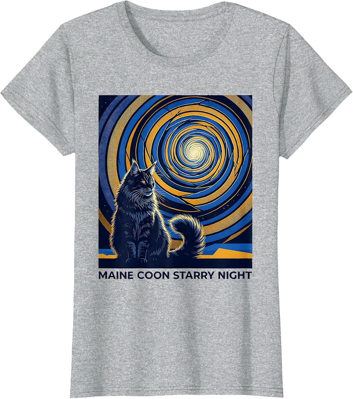 Women's Maine Coon Starry Night Whimsical Van Gogh Cat Lover Art T-Shirt - Heather Grey