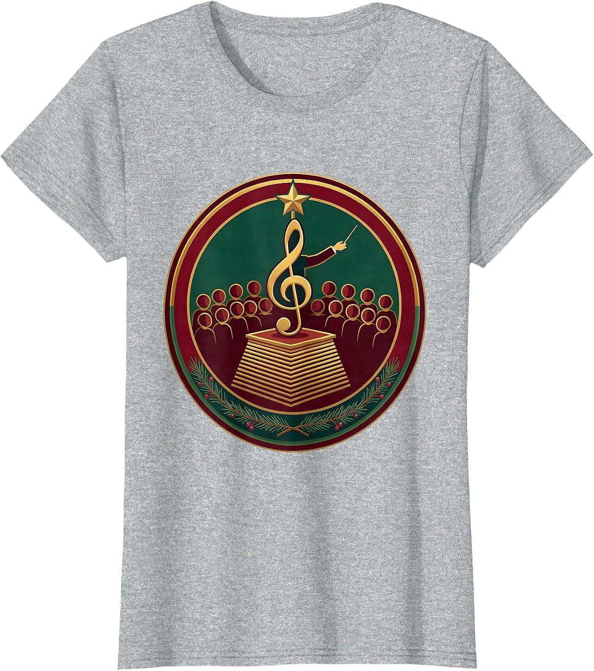 Women's Christmas Treble Clef Music Teacher Podium Badge T-Shirt - Heather Grey
