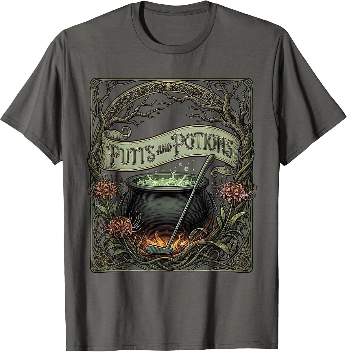 Putts and Potions Halloween Golf Design T-Shirt - Asphalt Grey