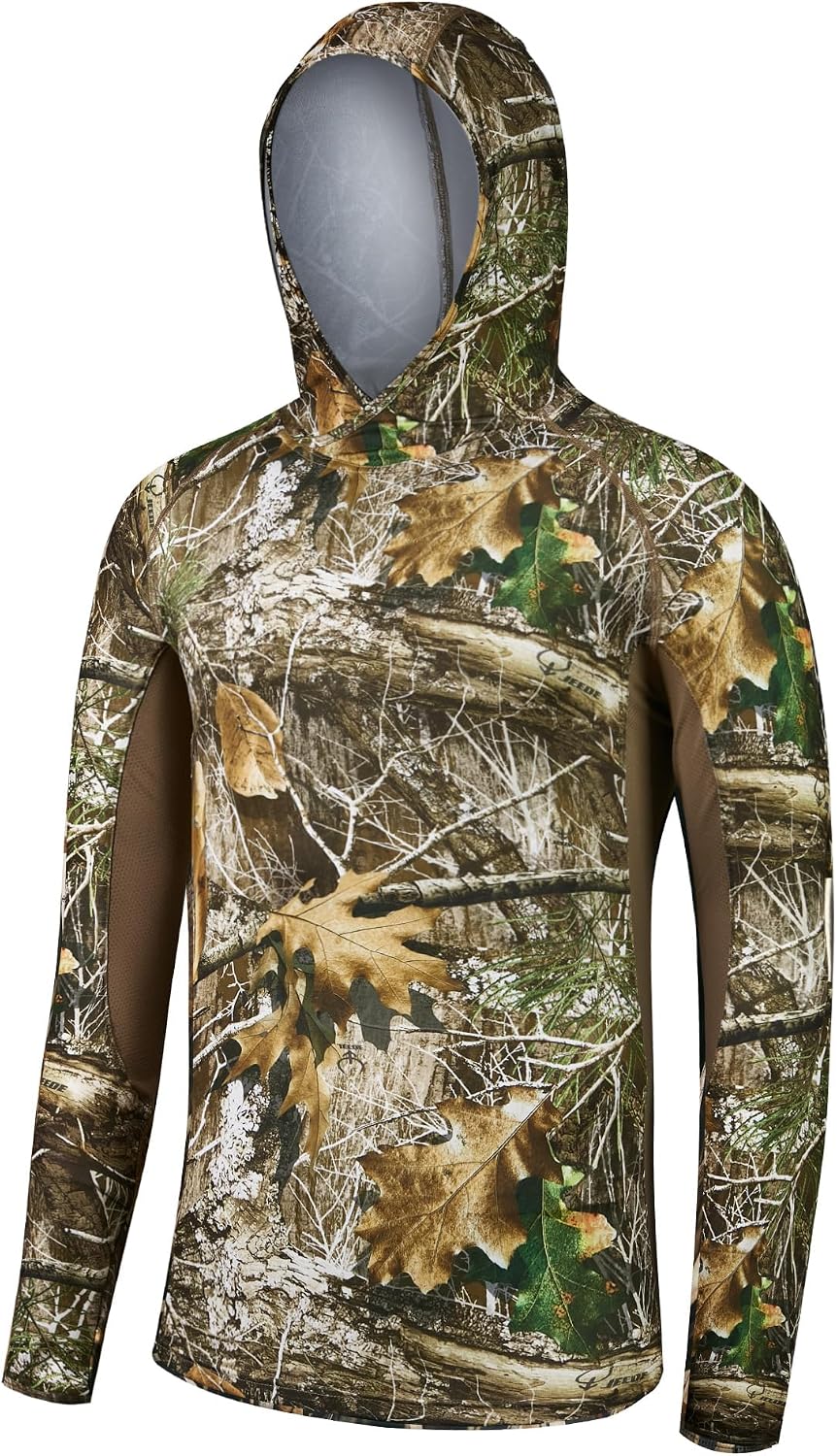 Men's UPF 50+ Camo Tactical Shirt 4-Way Stretch Breathable Long Sleeve Hunting Fishing Hoodie with Thumbholes - Dry Leaf Camo