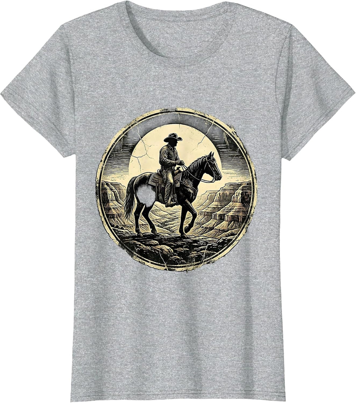 Women's Cowboy Silhouette Riding Into Canyon Sunset T-Shirt - Heather Grey