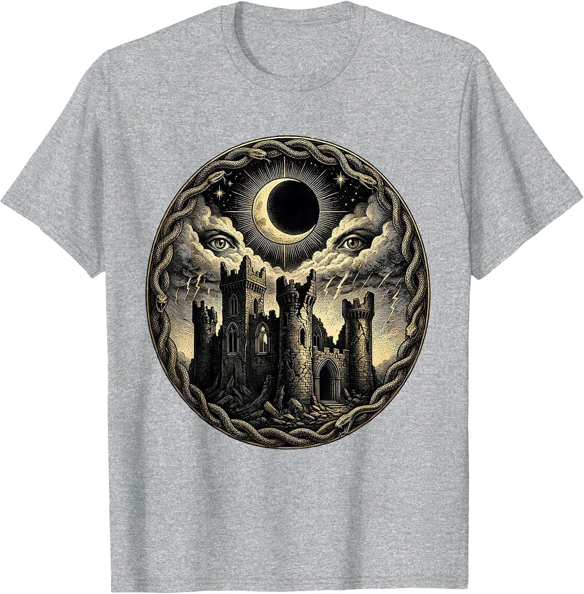 Men's Crumbling Castle Blood Red Storm Heavy Metal Art T-Shirt - Heather Grey
