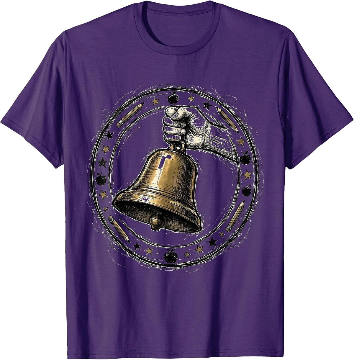 Kindergarten Teacher Ringing School Bell Graphic T-Shirt - Purple