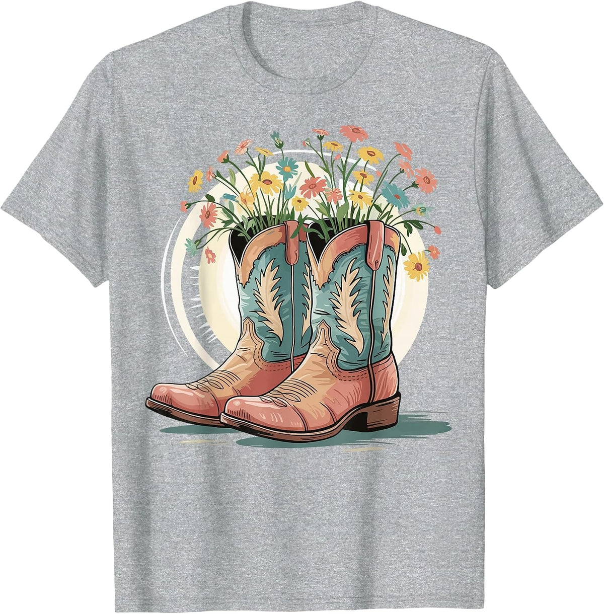 Cowboy Boots Flowers Line Dancing Western T-Shirt - Heather Grey