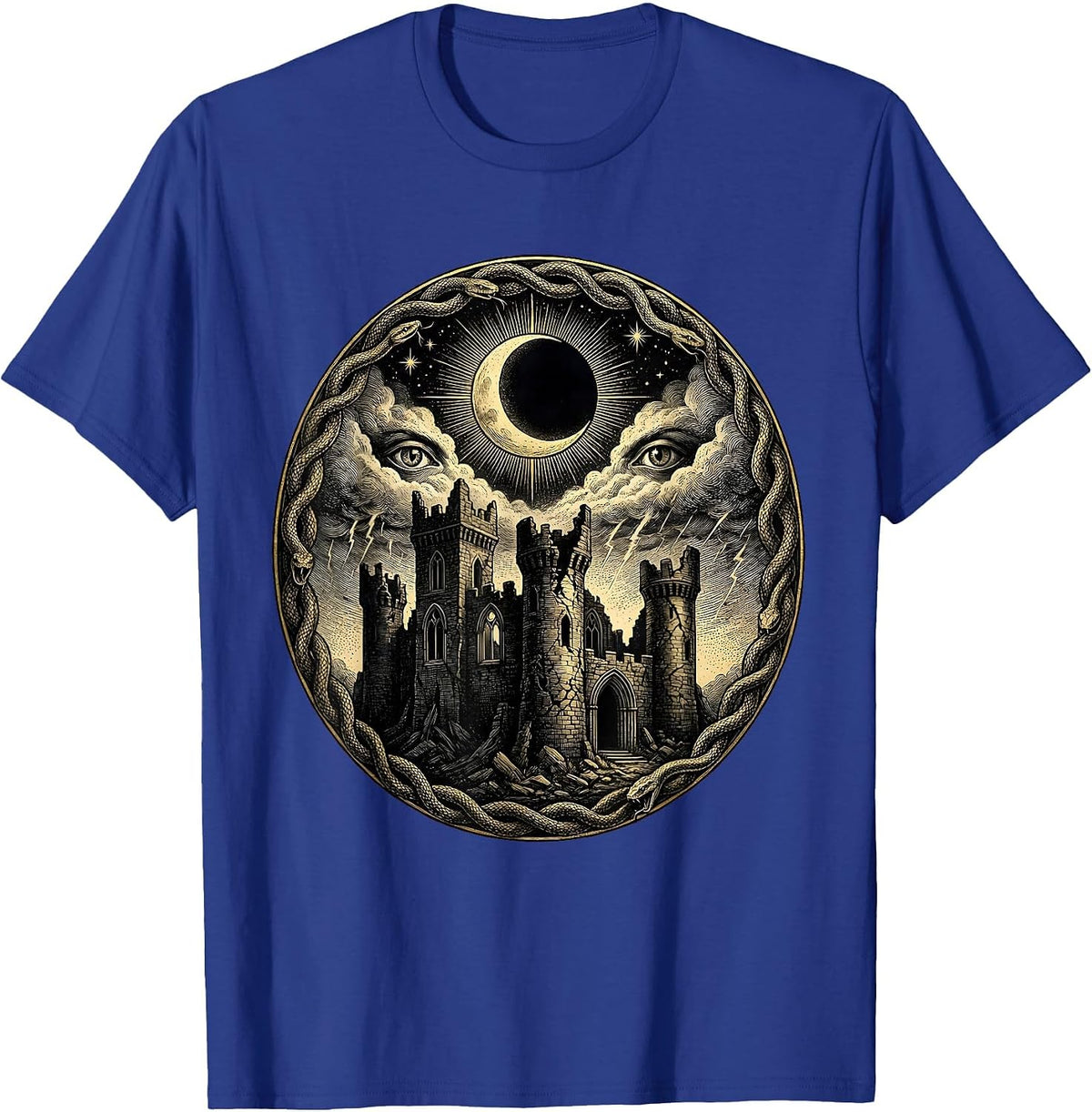 Men's Crumbling Castle Blood Red Storm Heavy Metal Art T-Shirt - Royal Blue