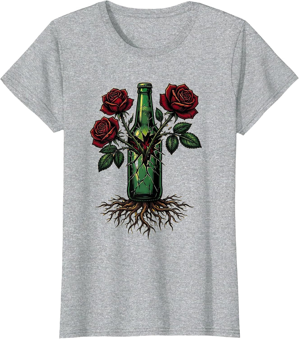 Broken Bottle Roses Punk Rock Graphic Tee T-Shirt - Heather Grey