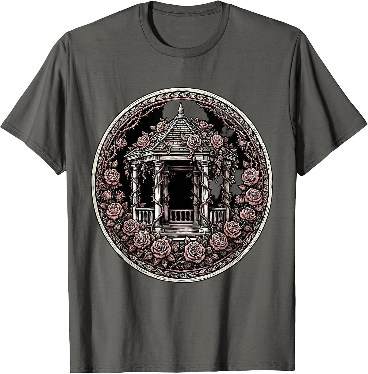 Gazebo Climbing Roses Garden Illustration T-Shirt - Asphalt Grey