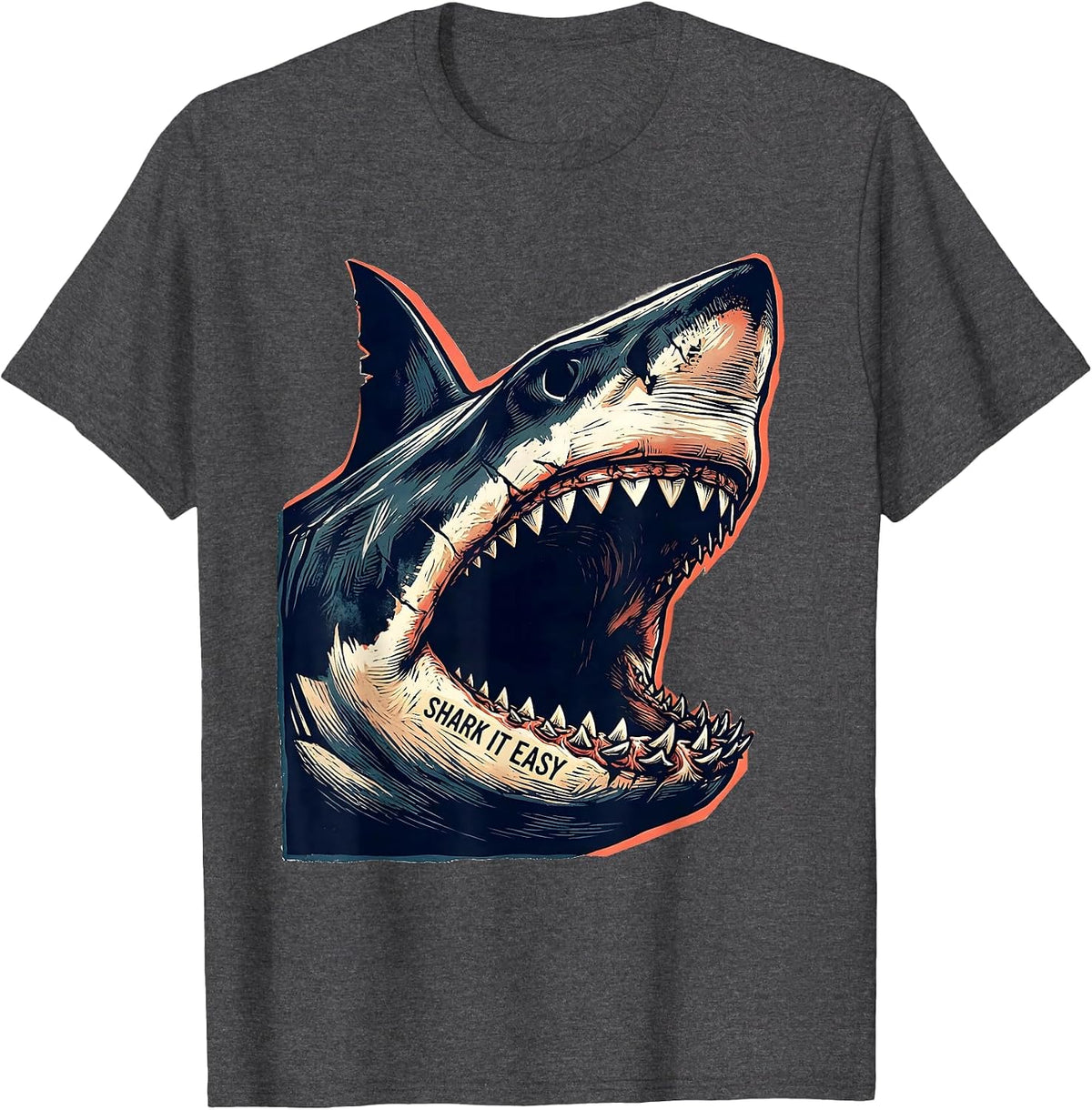 Men's Shark It Easy Linocut Funny Shark Lover Ocean Animal Humor T-Shirt - Dark Heather Grey