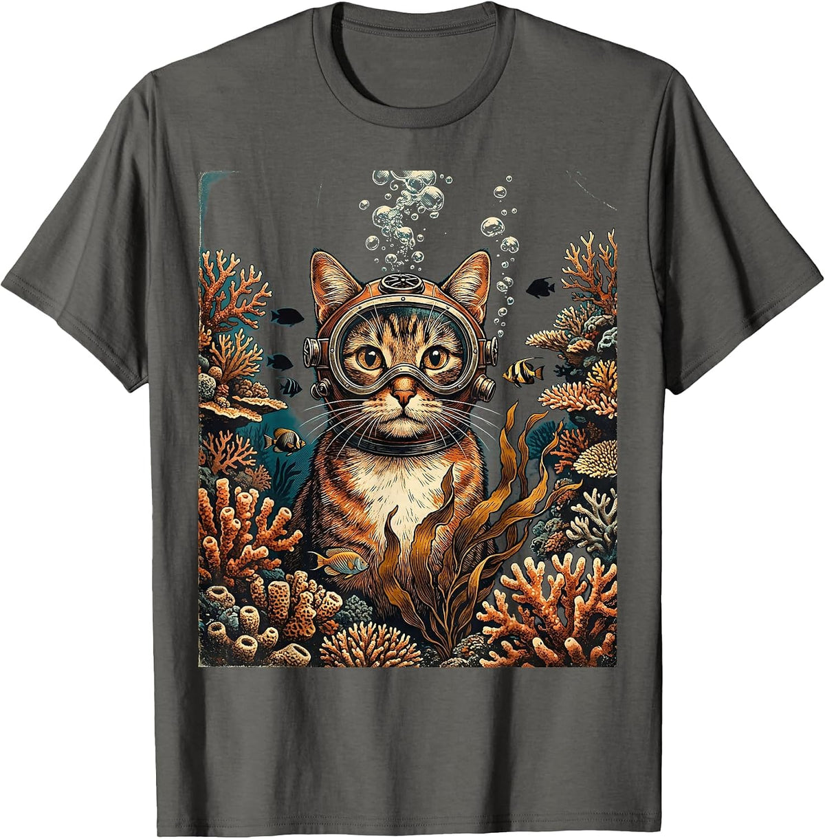 Cat Scuba Diver Underwater Reef Illustration T-Shirt - Asphalt Grey