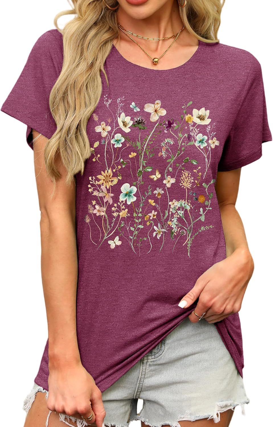 Women's Floral Graphic Tees Short Sleeve Casual T-Shirts Boho Style Tops - Purple