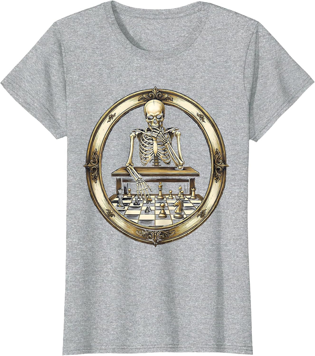 Skeleton Playing Chess Alone Illustration T-Shirt - Heather Grey