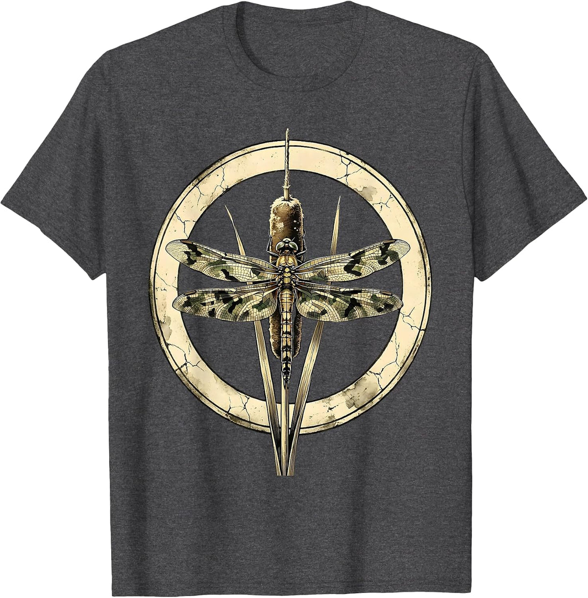Men's Camo Dragonfly on Cattail Reed Nature Design T-Shirt - Dark Heather Grey