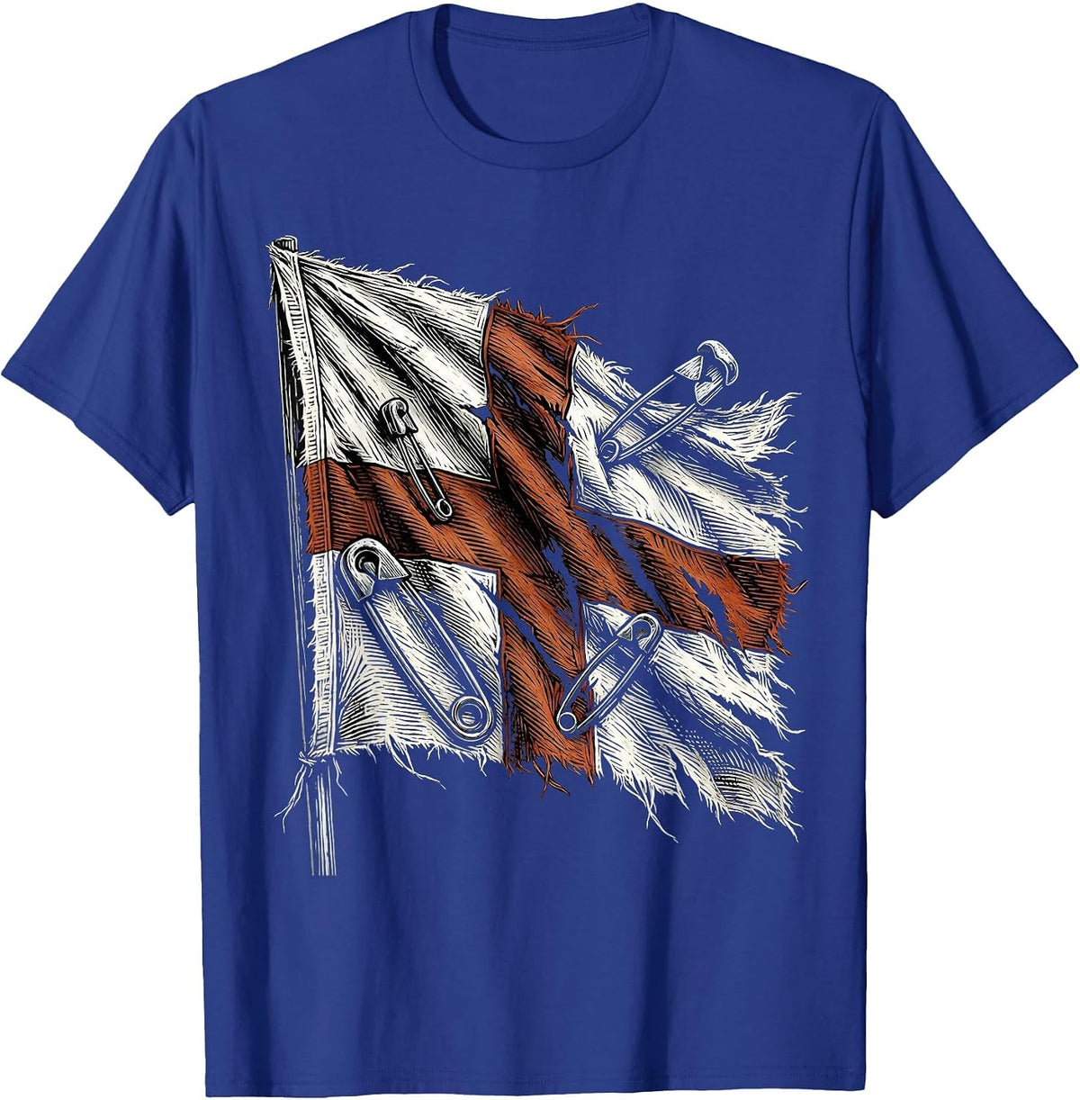 Punk Safety Pin Torn Flag Graphic Design T-Shirt - Royal Blue