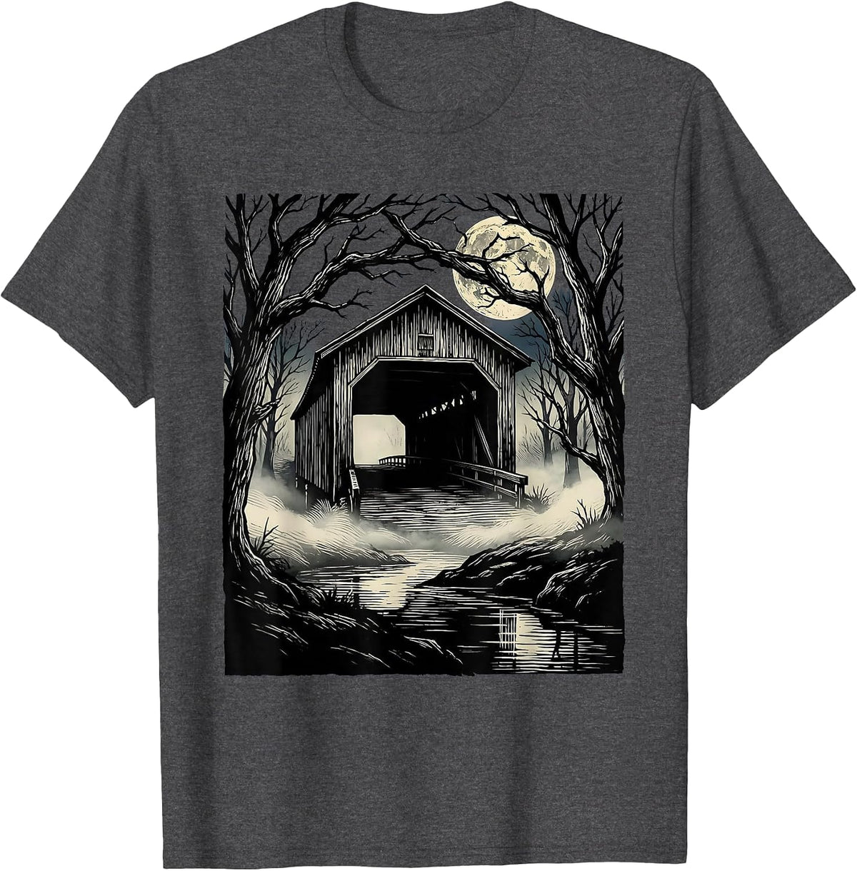 Sleepy Hollow Covered Bridge Midnight Fog T-Shirt - Dark Heather Grey