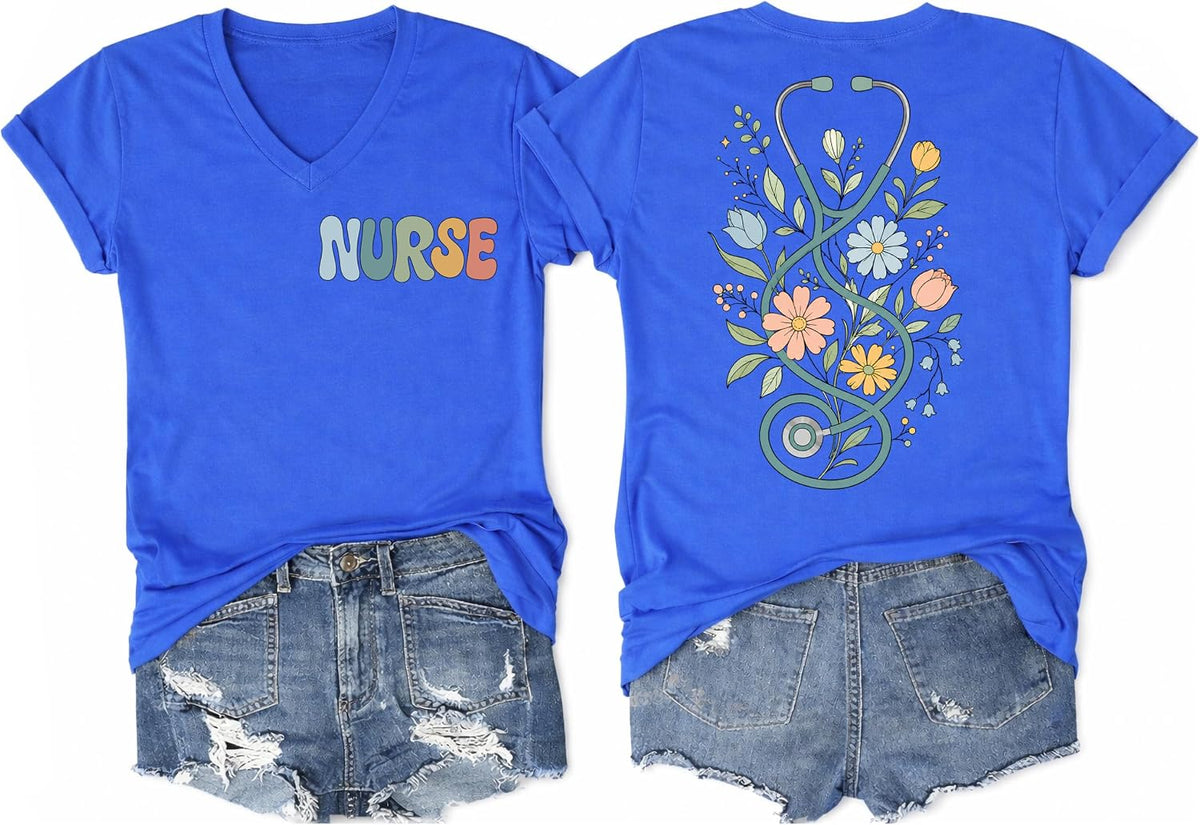 Nurse Shirt Funny Nurse Life T Shirt Boho Floral Stethoscope Graphic Tees - Royal Blue V-neck