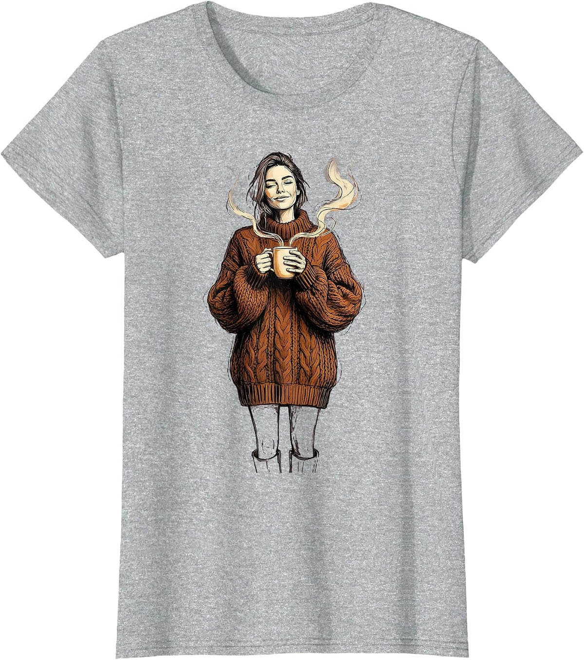 Cozy Fall Knit Sweater Steaming Mug Illustration T-Shirt - Heather Grey