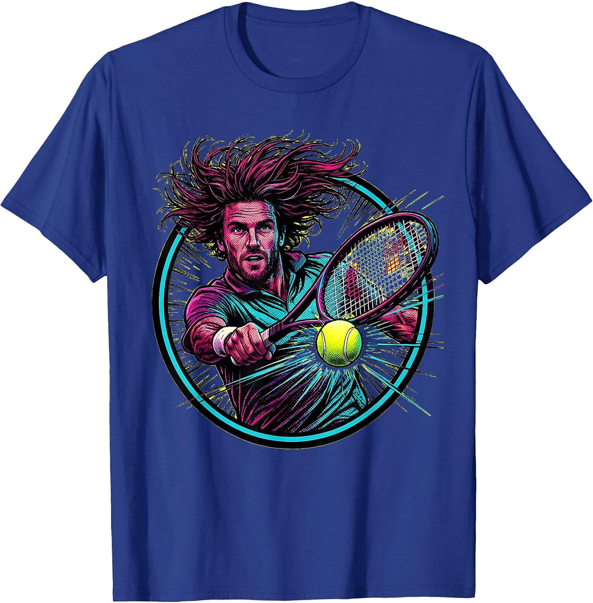 Fierce Backhand Wild Hair Flying Tennis Player T-Shirt - Royal Blue