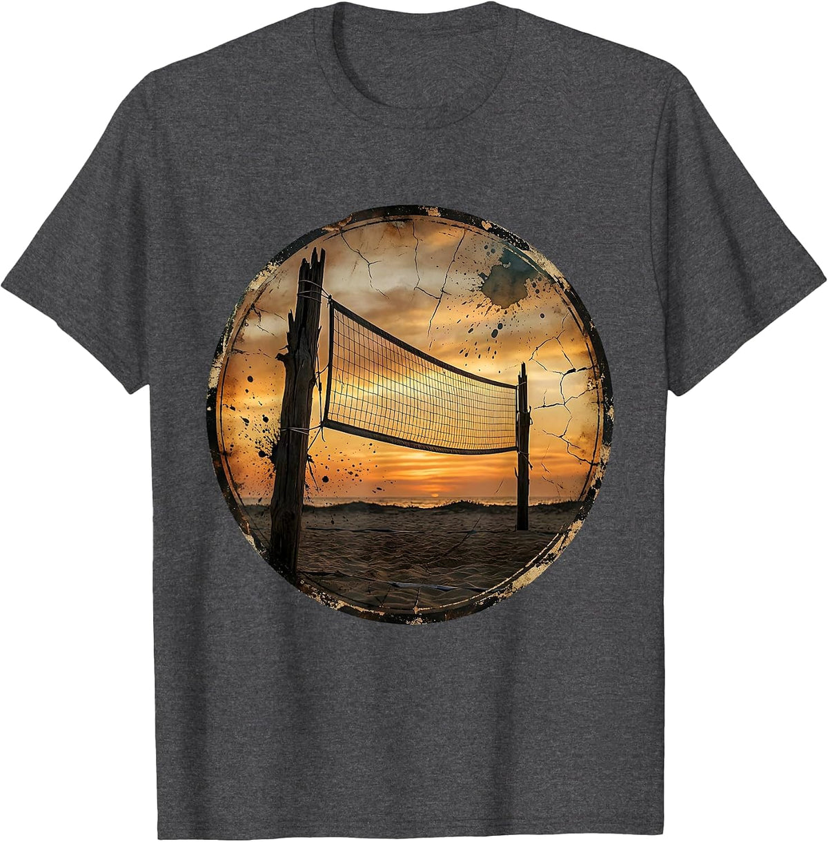 Beach Volleyball Sunset Graphic Tee T-Shirt - Dark Heather Grey