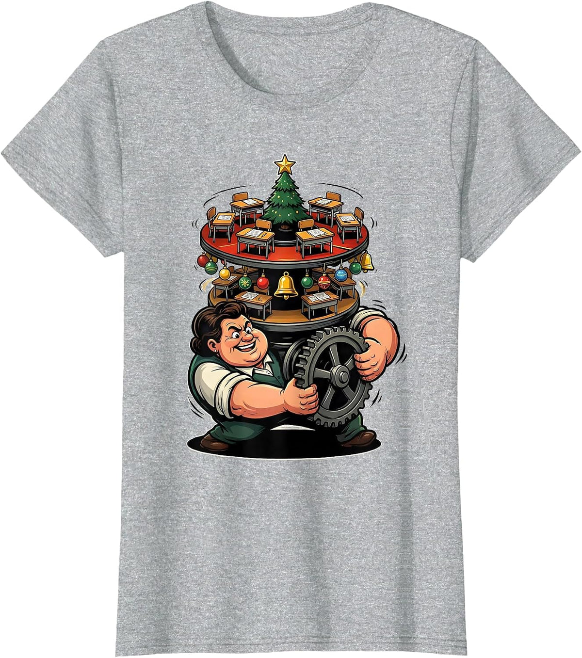Women's Cartoon Teacher Christmas Music Box Classroom Humor T-Shirt - Heather Grey