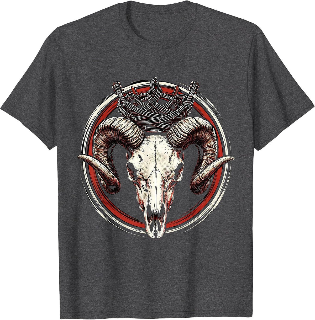 Ram Skull Crown of Guitar Strings Graphic T-Shirt - Dark Heather Grey