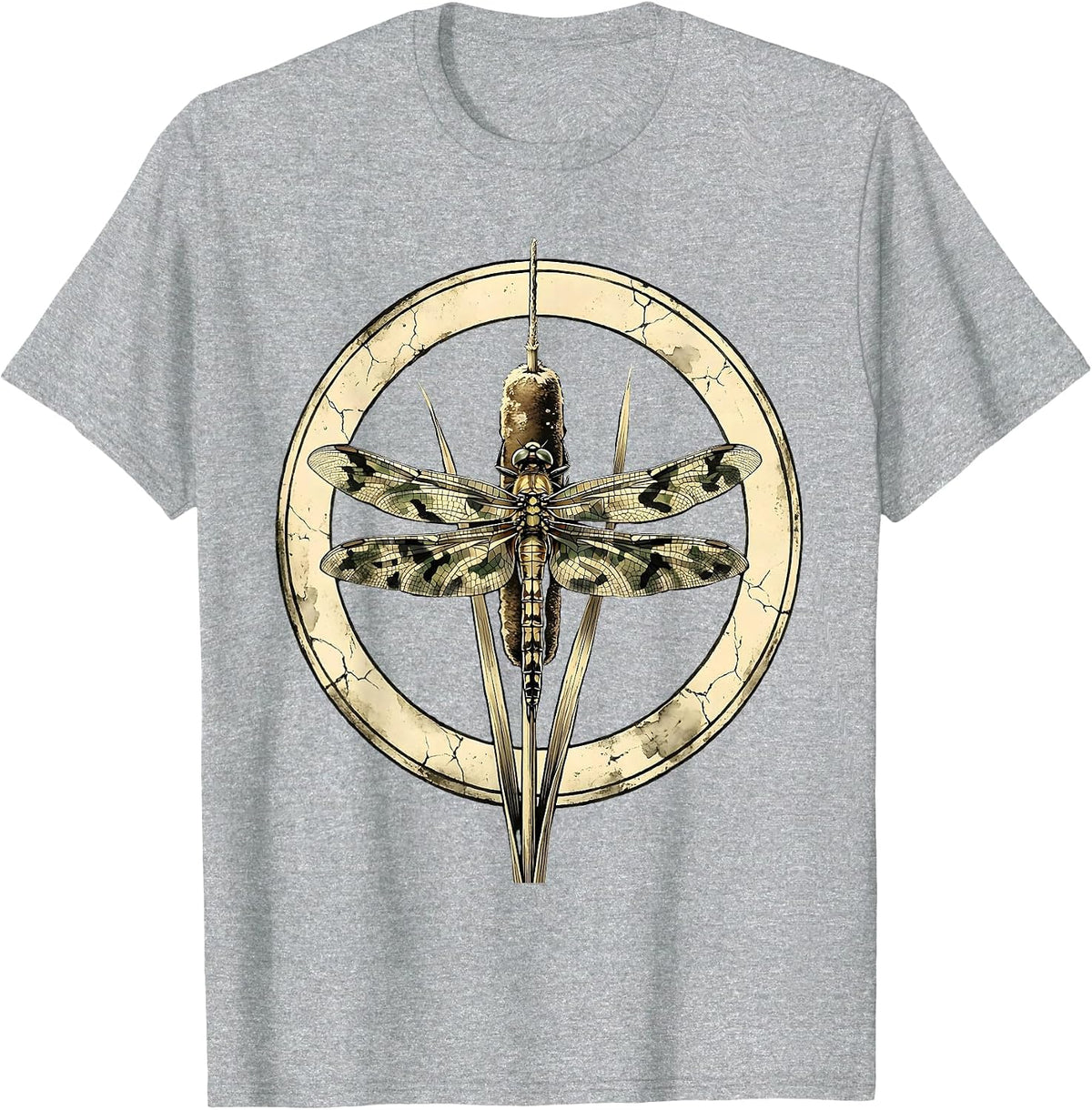 Men's Camo Dragonfly on Cattail Reed Nature Design T-Shirt - Heather Grey