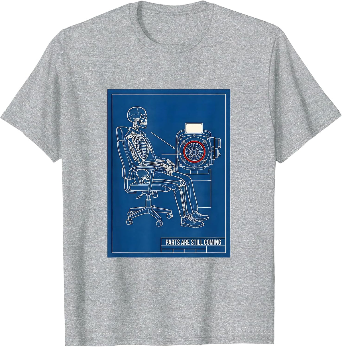 Men's PARTS ARE STILL COMING Technical Blueprint Mechanic Skeleton T-Shirt - Heather Grey