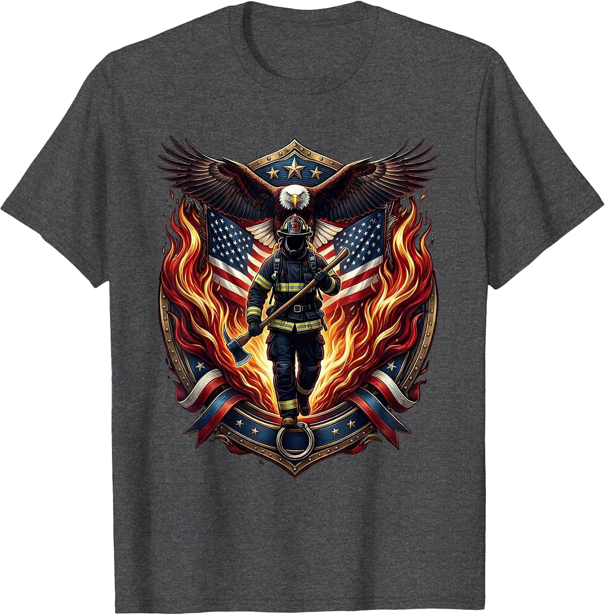 Men's Firefighter Silhouette Walking Through Flames T-Shirt - Dark Heather Grey