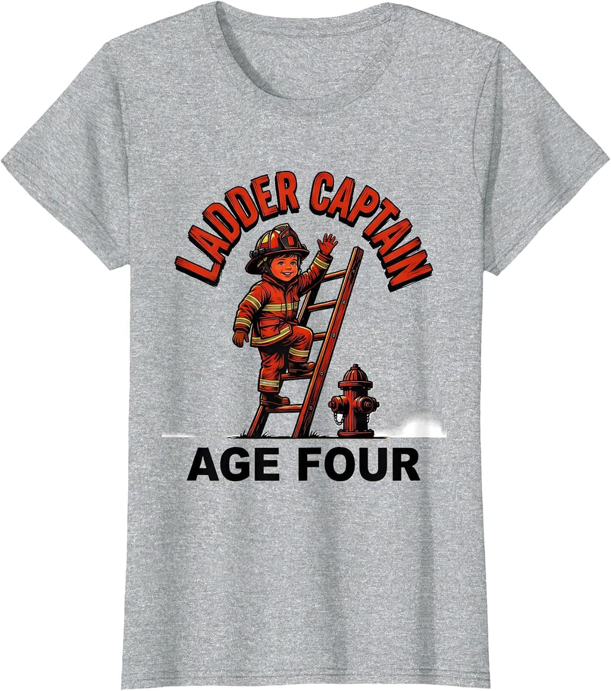 Ladder Captain Age Four Firefighter Kids Birthday Party T-Shirt - Heather Grey