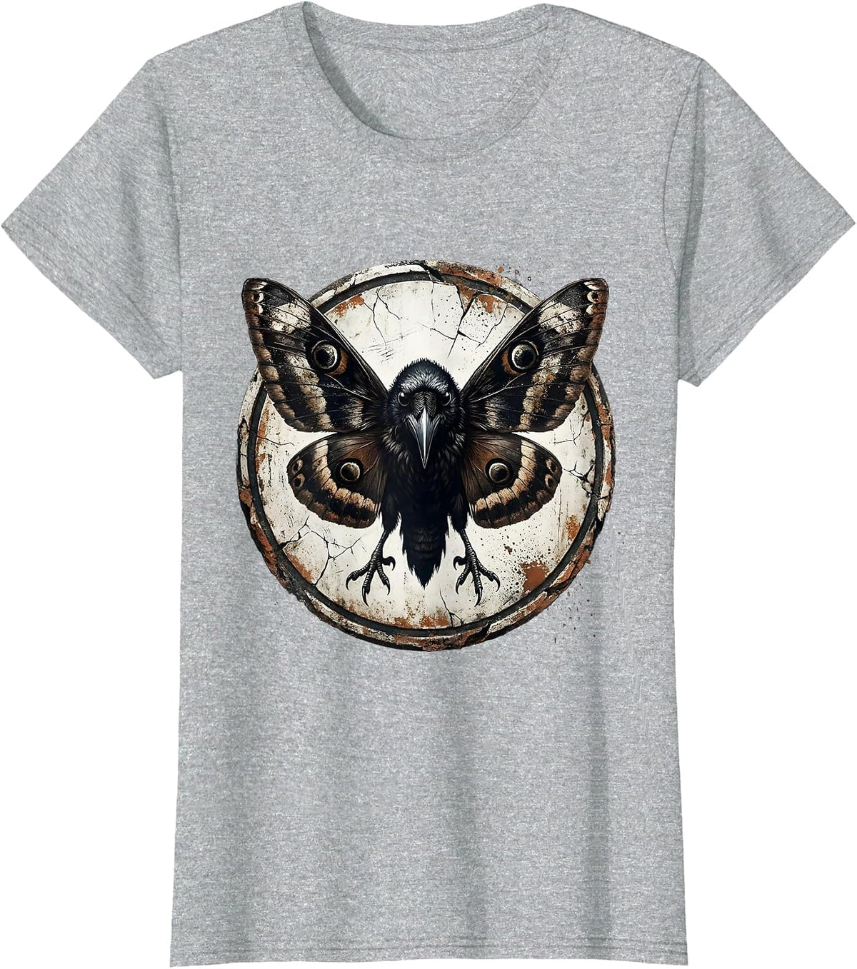 Raven With Moth Wings Dark Gothic Illustration T-Shirt - Heather Grey
