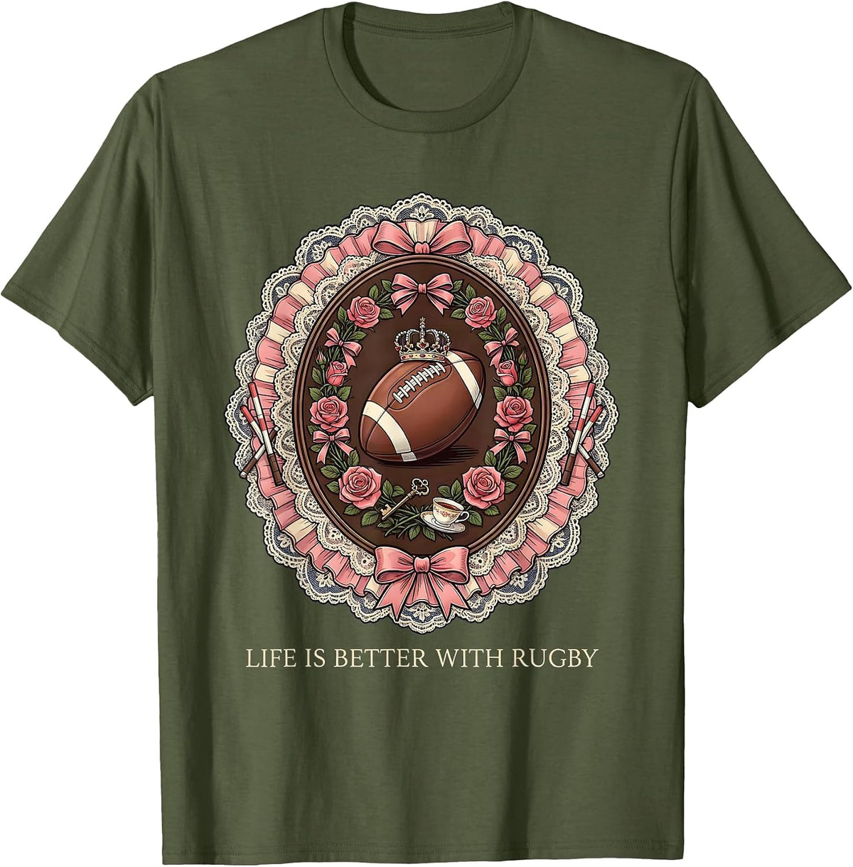 Life Is Better With Rugby Graphic Design T-Shirt - Olive Green