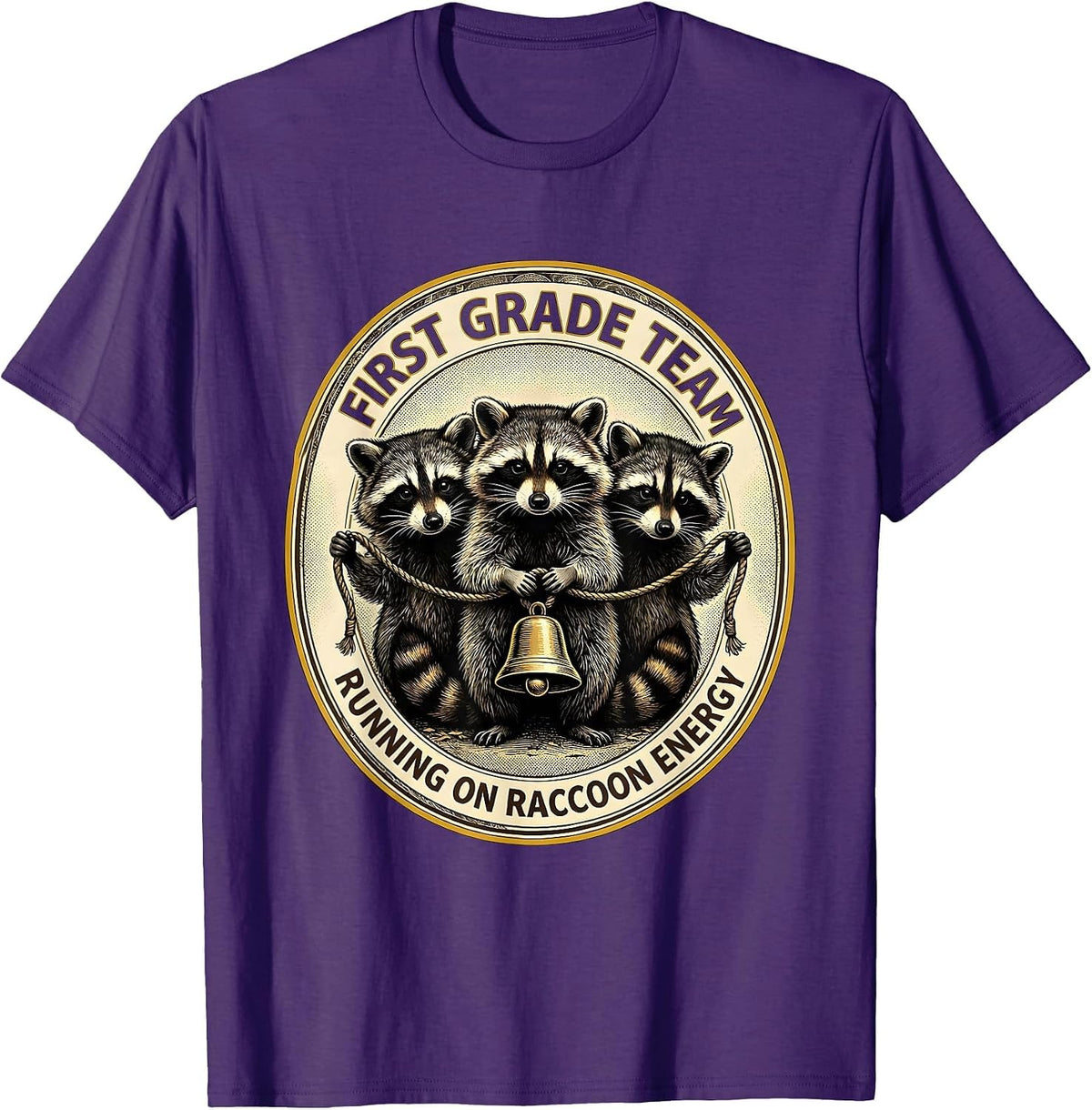 First Grade Team Running on Raccoon Energy Teacher Humor T-Shirt - Purple