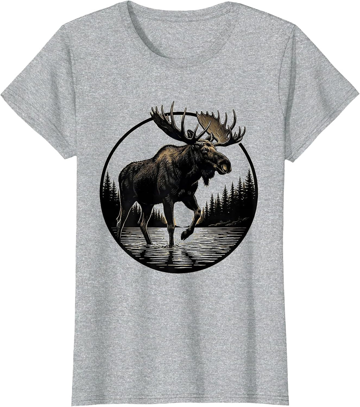 Moose Wading Through a Misty Morning River T-Shirt - Heather Grey