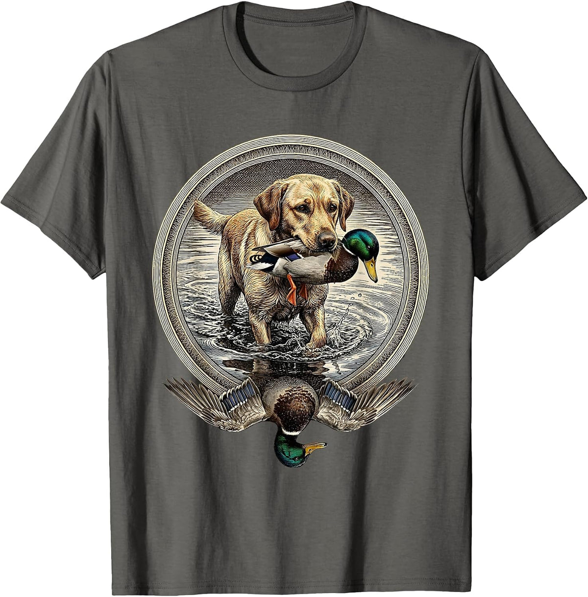 Hunting Dog Duck Retrieve Waterfowl Illustration T-Shirt - Asphalt Grey